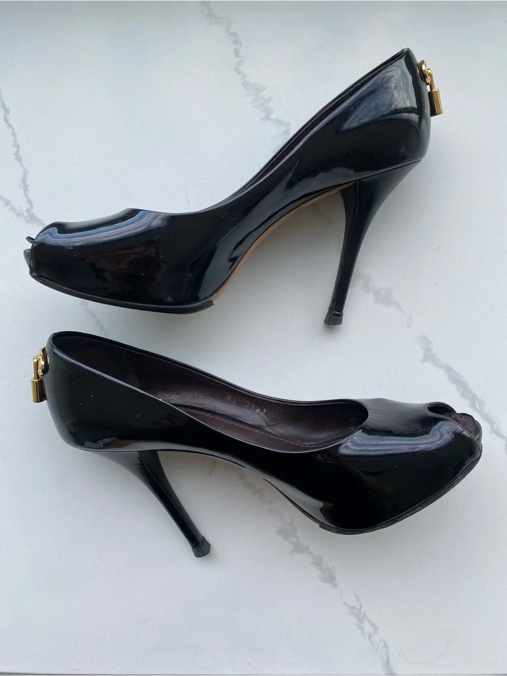 Louis Vuitton Black Patent Leather Gold Lock Stiletto Heels
